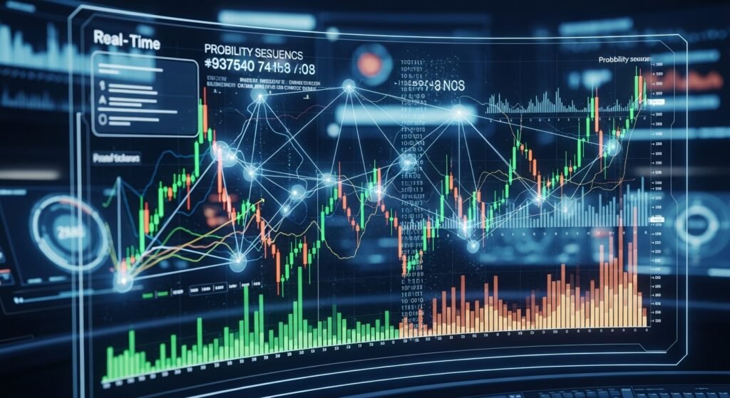 AI 알고리즘이 금융 시장 데이터와 확률 패턴을 실시간으로 분석하는 시각화 화면